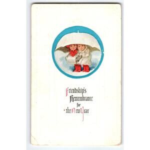 Vintage New Year Postcard with Cute Children Under Umbrella, 1910s Antique
